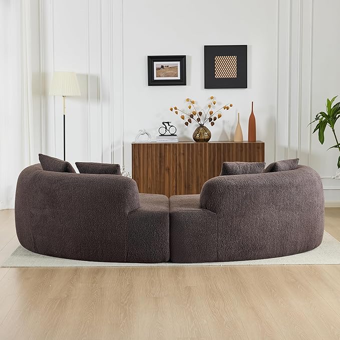DEINPPA Curved Modular Sofa Couch with Pillows 4-Seater Teddy Cloud Couches for Living Room Apartment Office No Assembly Required-Brown