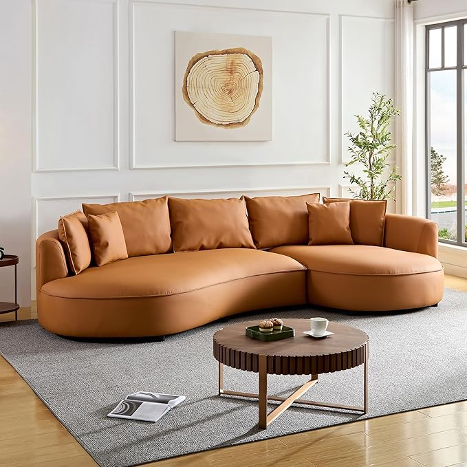 124.8 Round Bonded Curved Couch Leather Sectional Sofa for Living Room Apartment Office Orange Modern 5 Seater Oversized Cloud Sofa with Chaise Lounge Comfy Furniture Right Facing