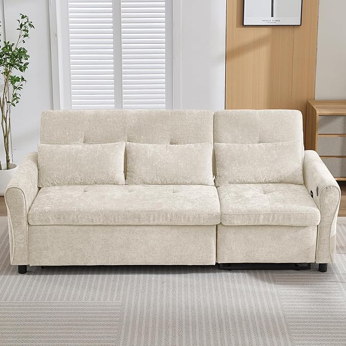 ERYE L-Shaped Reversible Recliner Sectional Sofa Chenille Upholstered Pull Out Convertible Sofabed with Pull Out Sleeper Couch Bed and Recliner Chaise Lounge and USB-C Ports