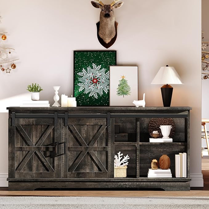 YITAHOME Farmhouse TV Stand for 65 Inch Television Stand Entertainment Center with Storage Cabinets and Sliding Barn Doors Rustic Media TV Console Table for Living Room Dark Rustic Oak