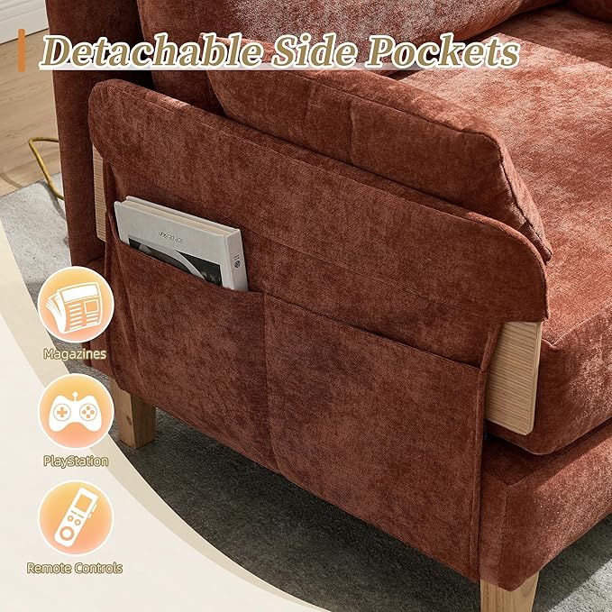 SLEERWAY Large 3 in 1 Convertible Futon Sofa Bed Chair 35 W Extra Wide Sleeper Chair Bed with Pull Out Couch Modern Chenille Chaise Lounge Armchair for Living Room Bedroom Playroom Orange