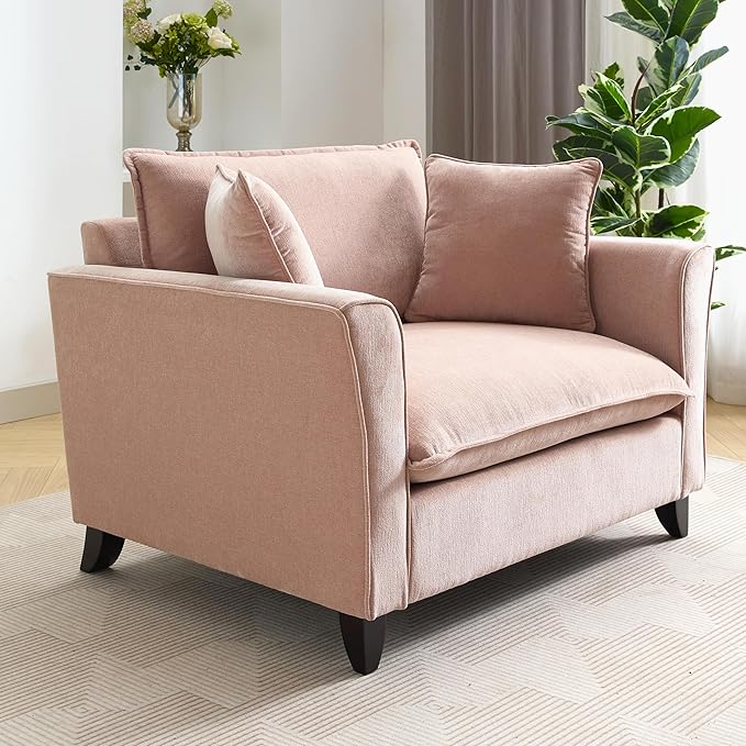 Merax 46.3 Chenille Accent Chair Oversized Reading Armchair w/2 Pillows Modern Corner Single Cloud Sofa Arm Chairs Comfortable Living Room Deep Cushion Seating for Office &amp Apartment Pale Pin