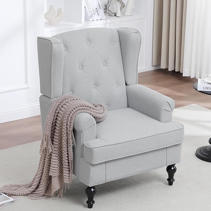 Accent Chair for Living Room Mid Century Modern Upholstered Armchair Wingback Chair with Tufted High Back and Solid Legs Comfy Single Sofa Side Chairs for Bedroom Light Grey