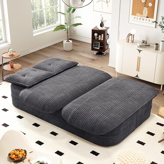 78.7 Folding Futon Corduroy Sleeper Sofa Bed Convertible Floor Boneless Sofa Full Size Compression Loveseat with 2 Pillows No Assembly 2-in-1 Foldable Couch for Living Room (Dark Gray)