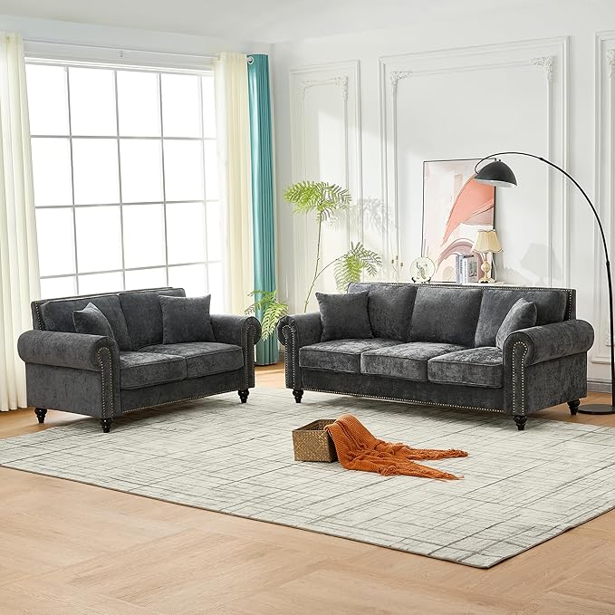 2-Piece Classic Chenille Living Room Sofa Set Chesterfield Sofa Set of 2 for Living Room - Traditional Rolled Arm Couch &amp Loveseat with Nailhead Trim Solid Wood Frame Earthy Tone Upholstery Gr
