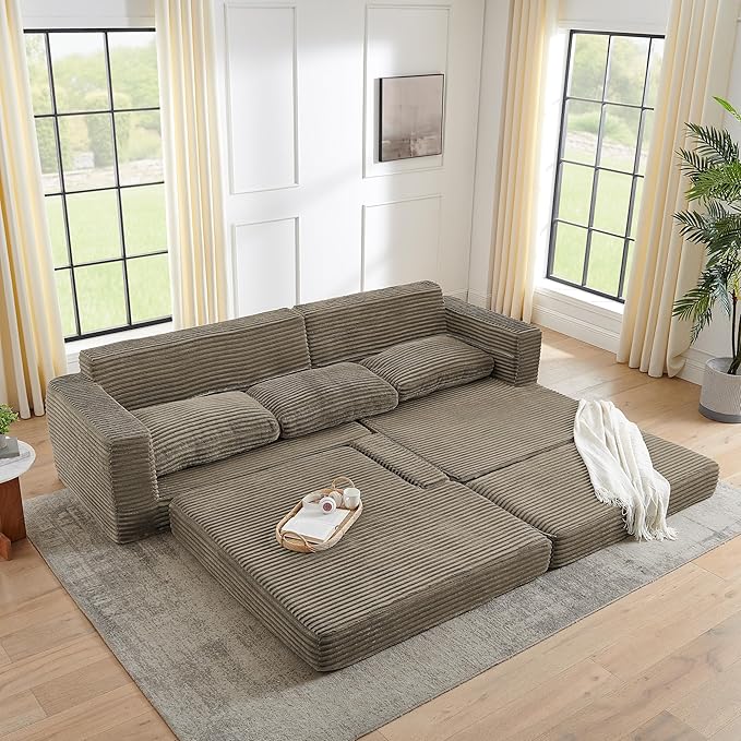 112.6” Modular Sectional Sofa Oversized Cloud L Shaped Couch Comfy Upholstered Corduroy Compressed Sofa with Left Facing Chaise and Wide Arms Fluffy Boneless Sofa Bed for Living Room Office Brown