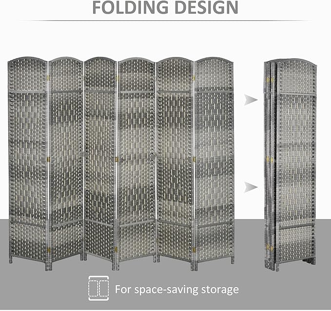 HOMCOM Room Divider 6 Ft 6 Panel Folding Privacy Screen Hand-Woven PP Wall Partition with Pine Wood Frame Freestanding Room Separator for Bedroom Home Office No Assembly Mixed Gray
