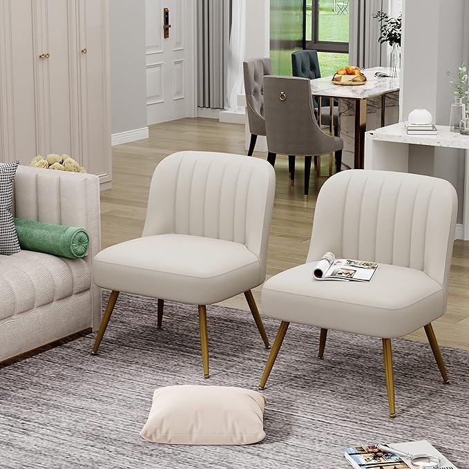 Andeworld Modern Accent Chair Set of 2 Upholstered Faux Suede Living Room Chairs Elegant Armless Cute Small Side Club Chair with Golden Legs for Bedroom-Beige