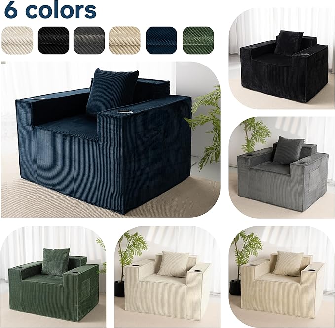 Cloud Single SofaChaise Lounge Chair with Cup Holder &amp Side PocketElevated Seat HeightNo Assembly RequiredBoneless Corduroy Chair for Small SpaceBedroomOffice (Blue Single Sofa)