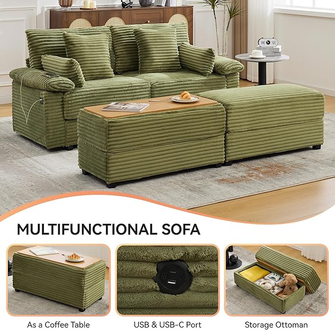 75 Corduroy Loveseat with Storage Ottoman &amp USB Cloud Deep Seat Couch with Convertible Ottoman Coffee Table Double Chaise Lounge for Living Room Green