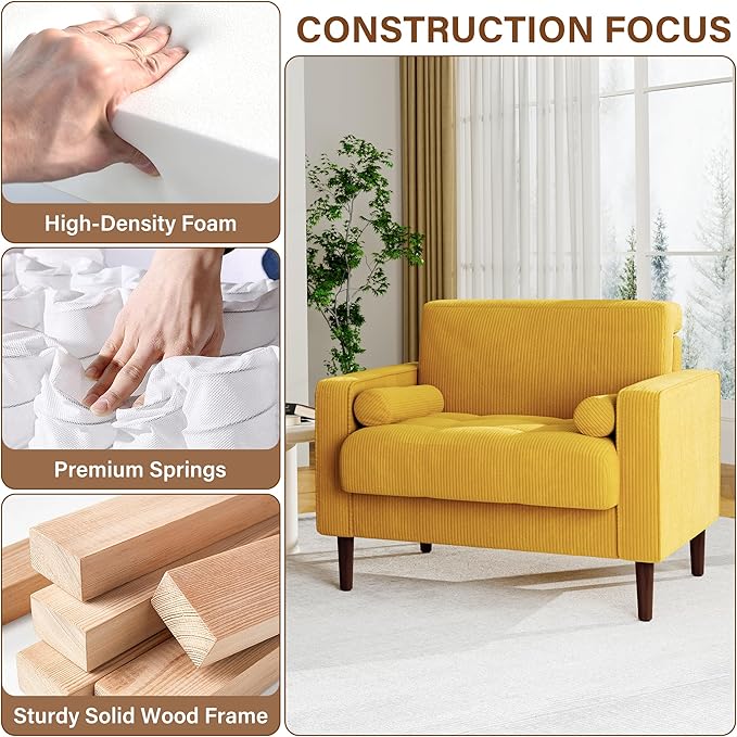 Lumibee Corduroy Accent Chair Modern Upholstered Armchair with Large Seat for Living Room Comfy Single Reading Sofa Chair for Bedroom-Yellow