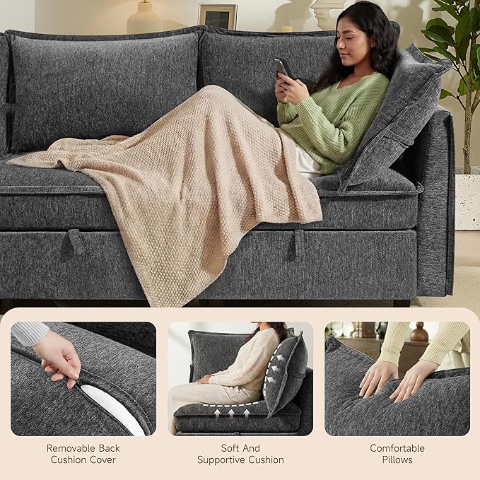 WorthFurni Modular Sectional Sofa Couches for Living Room Large Storage Couch with Washable Cover Comfy L Shaped Deep Seat Couch Set for Apartment Bedroom(4 Seater Dark Grey)