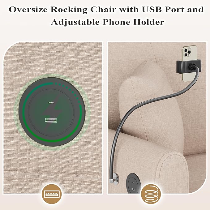 HOMREST Modern Accent Rocking Chair with Phone Holder Oversized Lounge Chair with High Back Side Pockets &amp USB Port Plush Wide Recliner for Living Room Bedroom Home Office Beige