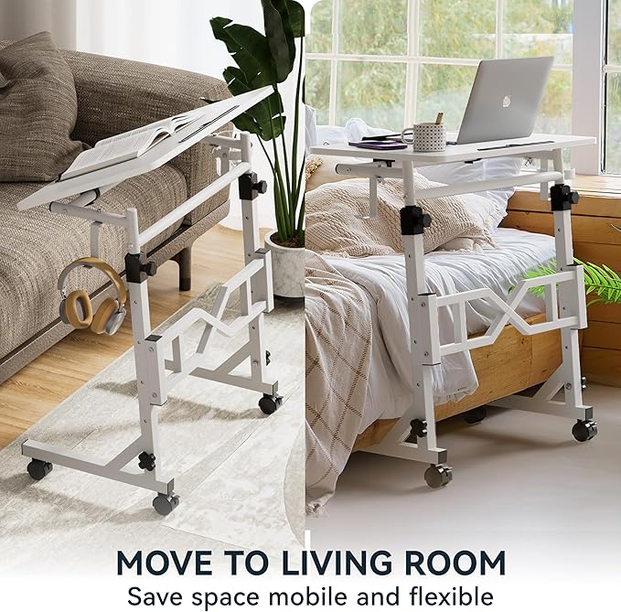 Small Standing Desk with Wheels 29.5-45.3 Inch Adjustable Height Portable Treadmill Desk Rolling Computer Table for Walking Pad with a Cup Holder and a Hook
