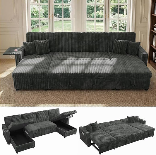 Sectional Sleeper Sofa with Pull Out Couch Bed 110” U Shaped Couch with Storage Chaise and Soft Pillows Convertible Corduroy Sofa with USB/Type-C &amp Hide Desktop &amp Cup Holder &amp Pocket Da