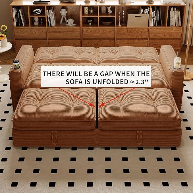 73 Queen Size Sofa Bed Loveseat Sleeper Sofa with Pull Out Bed Pockets and USB Corduroy Fabric 2 Seater Convertible Small Couch for Living Room Bedroom Apartment Orange