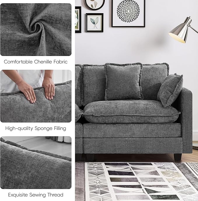 3-Seater Cloud Couch Oversized Modular Sectional Sofa with Deep Seat Soft Cushions Comfy Chenille Couch for Living Room Apartment &amp Family Space Grey