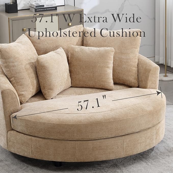 Aoiy &amp Wifon 59.8 W Oversized Barrel Chairs Round Accent Chair with Wheels Extra Large Living Room Chair Knitted Chenille Wheat