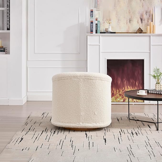 Pumpkin-Shaped Swivel Accent Chair with 360° RotationTeddy Upholstered Barrel Armchair with Solid Wood Base for Bedroom Living Room (White)