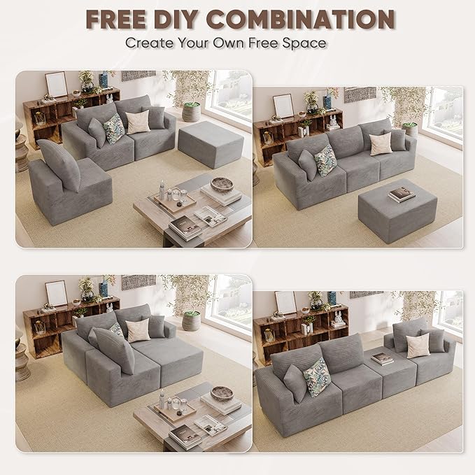JUMMICO Boneless Couch with Deep Seat and Ottoman Modular Sectional Sofa with Body Support Corduroy Couches for Living Room Apartments Bedroom No Assembly Required (Gray L-Shaped)