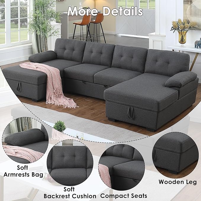 BEEY Sectional Sleeper Sofa 120 Oversized Couch Bed 4 Seat Sofa Bed U Shaped Sectional Couch with Pull Out Bed and Double Storage Chaise for Living Room Bedroom Dark Grey