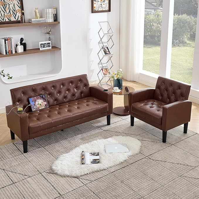 TYBOATLE 62 W Leather Loveseat w/Chairs 2 Piece Sofa Sets for Living Room w/ 2 USB Charger Ports and 2 Cupholders Living Room Furniture Sets of 2 (2 Brown)