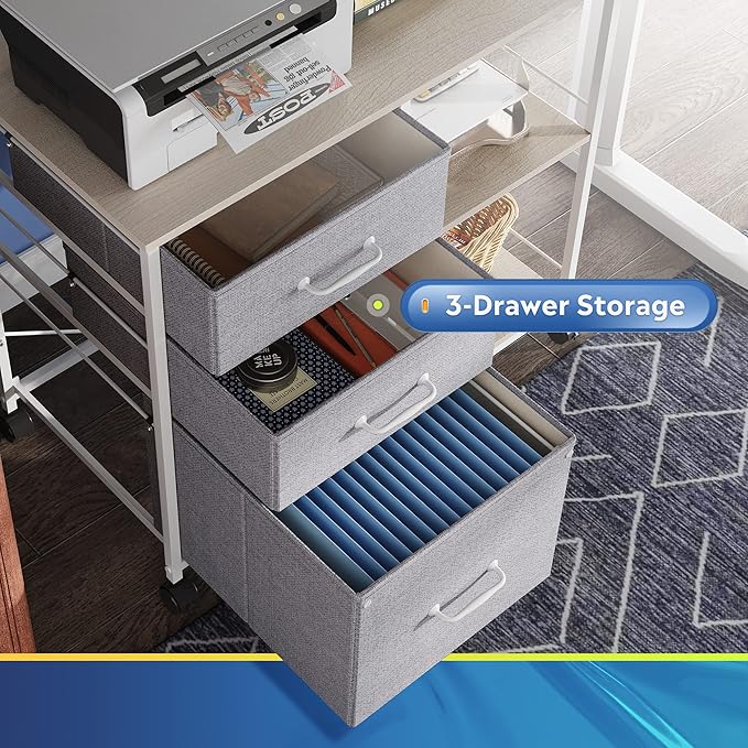 DEVAISE 3 Drawer Mobile File Cabinet Rolling Printer Stand with Open Storage Shelf Fabric Lateral Filing Cabinet fits A4 or Letter Size for Home Office Light Grey