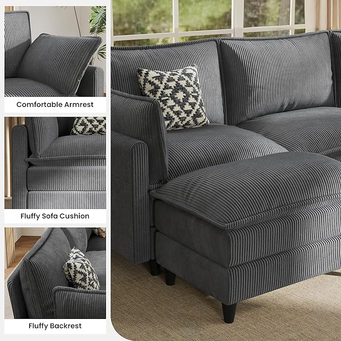 Apicizon 143 Cloud Couch Sectional 4-Seat Deep Sofa Couch with Ottoman Modern U Shape Sectional Cloud Sofa Corduroy for Living Room Apartment Office Grey