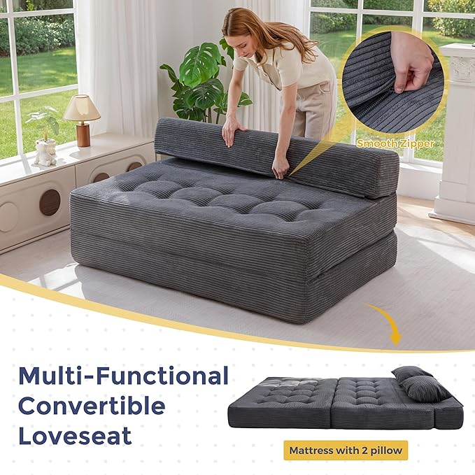 MAXYOYO Folding Sofa Couch Convertible Floor Sleeper Couch with 2 Pillows Tufted Floor Loveseat Couch Tufted Fold Out Chair Bed Comfy Sofa Lounge for Living Room Bedroom Dark Grey