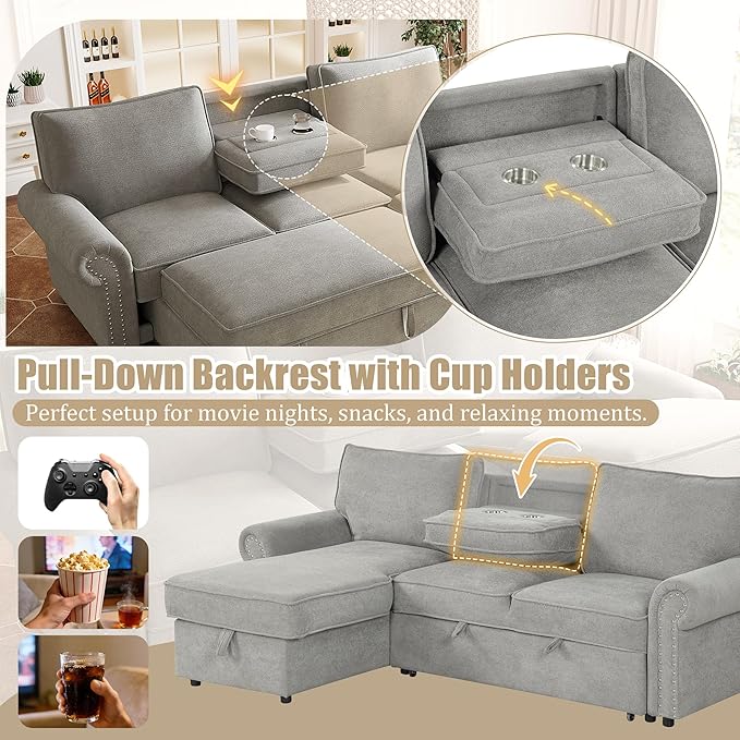 95 Convertible Sofa Bed Sectional Sofa Sleeper with Storage Chaise Pull-Down Backrest with 2 Cup Holders Arc Armrests with Nailhead Trim Polyester Fabric Acacia Wood Frame (Grey-12s)