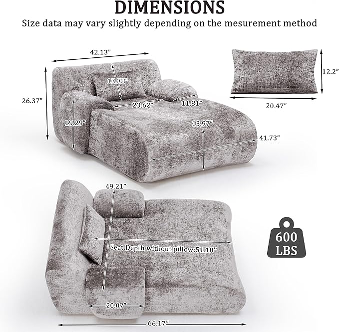 66 Inches Oversized Chaise Lounge Indoor No Assembly Required Single Sleeper Sofa Chair with Lumbar Pillow Upholstered Boneless Sofa Bed for Living Room Bedroom