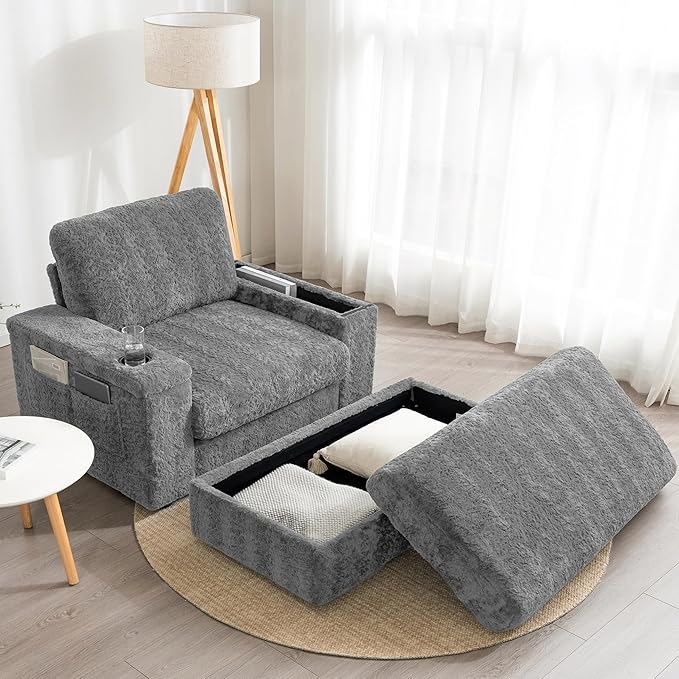 P PURLOVE Oversized Chaise Lounge Chair Indoor with Storage and OttomanSleeper Chair with Cup Holder and Storage ArmrestReclining Chair for Living RoomBedroomOffice
