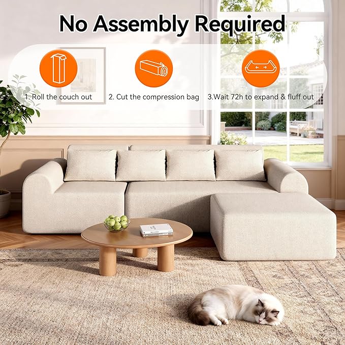 105.5 Cloud Boneless Sectional Sofa with Ottoman &amp 4 Pillows L-Shaped 4-Seater Modular Couch for Living Room Ultra Deep Seat Chenille Fabric Sofa No Assembly Required Beige