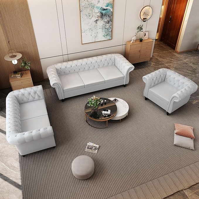 3-Seater Sofas for Living Room Chesterfield Leather Sofa Large Couch with Rolled Arms Deep Button Tufting Nailhead Trim for Living Room Bedroom Office Apartment (PU White)