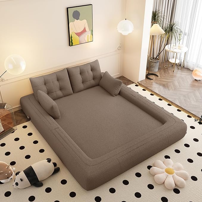 78.7 Convertible Sofa Bed 3-in-1 Folding Floor Couch with 4 Pillows Sleeper Sofa for Living Room and Guest Bed No Assembly Required (Brown Teddy Fabric)