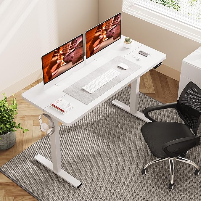 Adjustable Stand Up Desk with Memory Preset 55 x 24 Inch Standing Desks Electric Desk for Home Office with Splice Board (White)