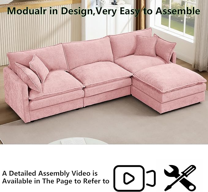 102 L-Shaped Sofa for Living RoomModular Sectional Cloud Sofa Couch with OttomanModern Chenille 3 Seater Sofas with Deep SeatSmall L Shaped Couches for Bedroom (Pink 102)