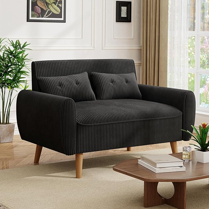 JAMFLY 47'' Small Loveseat Sofa 2 Seat Compact Couch with Tapered Legs Black Upholstered Furniture Solid Wood Frame Comfy Foam Cushion Easy Assembly for Small Spaces