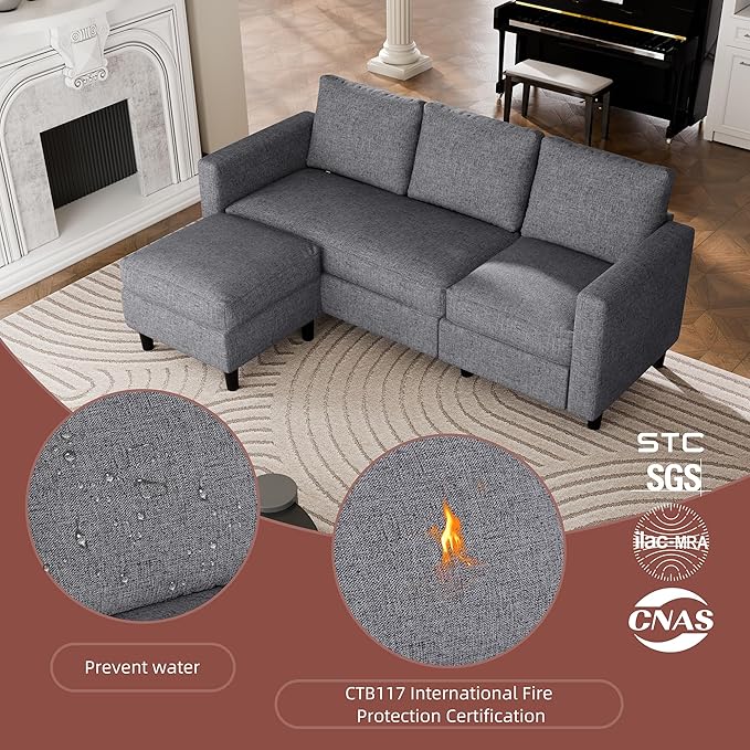 JAMFLY Sectional Sofa Couch Convertible L Shaped Sofas with Ottoman Small Sectional Couches for Living Room 3 Seater Couch for Small Spaces Dark Grey