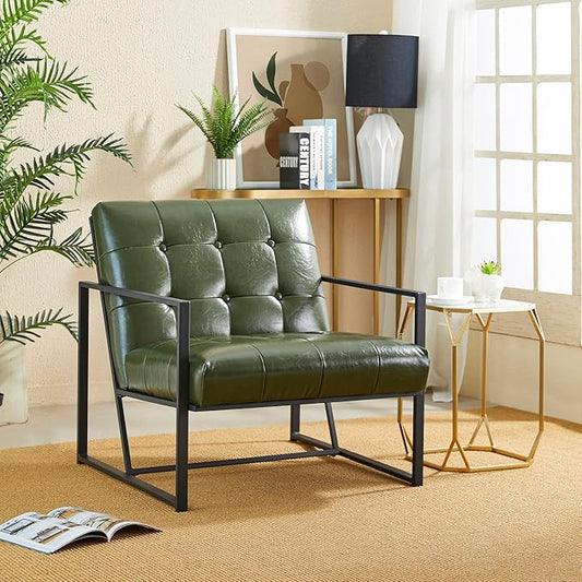 Glitzhome Mid Century Green Accent Chair Modern Living Room Armchairs with Durable Metal FramePU Leather Cushioned Reading Armchairs for Living Room Bedroom Home Office Green