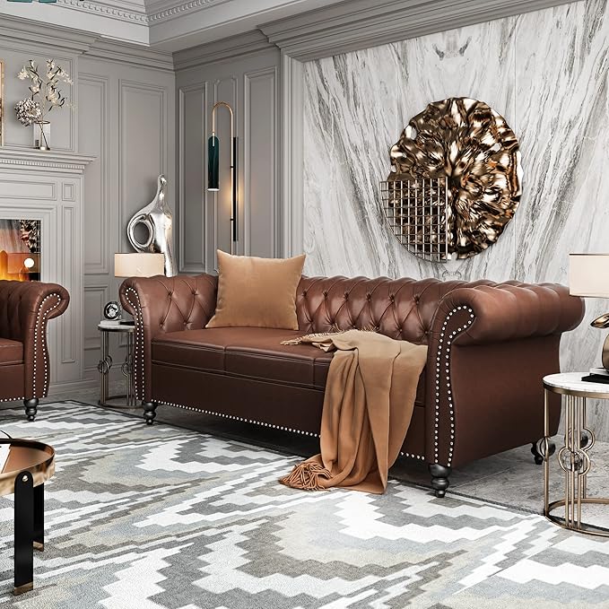RARZOE Modern 3 Seater PU Chesterfield Sofa Upholstered Tufted Button Leather Chesterfield Couch Classic Faux Leather Settee with Nailhead Trim Scroll Arms for Living Room Bedroom(Dark Brown)
