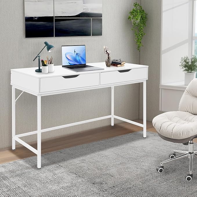 47in White Modern Desk with 2 Drawers Iron Frame 154lb Capacity Compact Writing Table for Home Office Study and Bedroom