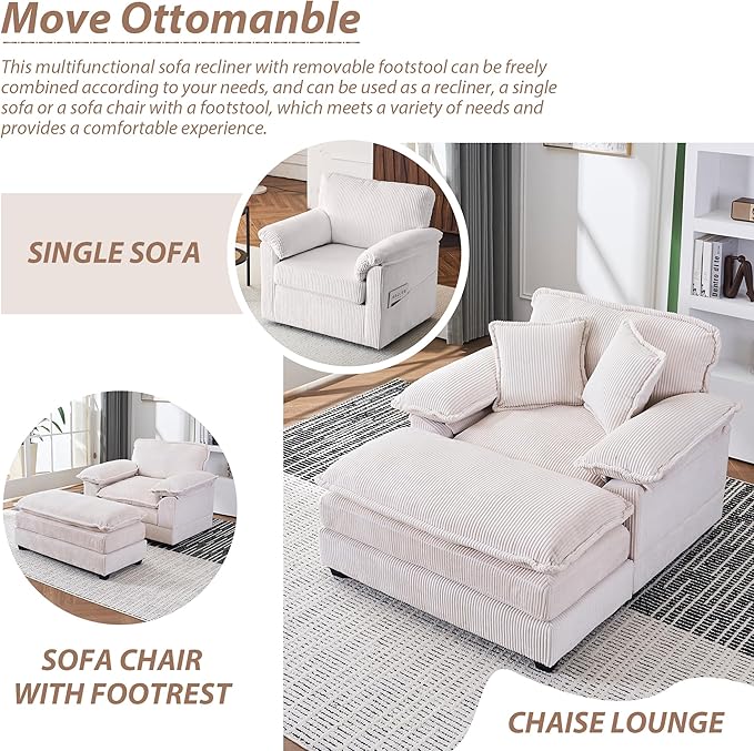 TTK Oversized Chaise Lounge Chair with Ottoman - 39.17 Wide Modern Sleeper Sofa for Living Room Bedroom &amp Office - Deep Seat Sectional Couch with Pillow Comfortable Reading ChairWhite