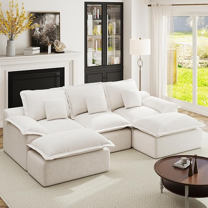 Modular Sectional Sofa 107'' Boneless Couches for Living Room 5-Seat Sofa with 2 Ottomans Cloud U Shaped Couch No Assembly Required Chenille Beige