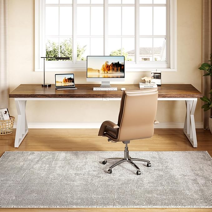 LITTLE TREE 78.7 Inch Large Executive Desk Modern Computer Office Desk Wooden Writing Desk Study Table for Home Office Rustic Brown-White