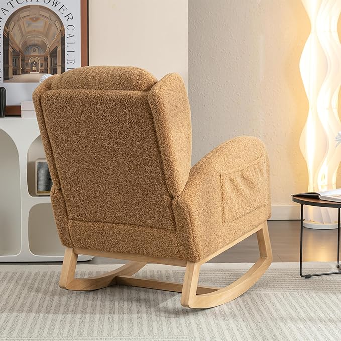 Setawix Teddy Rocking Glider Chair for NurseryUpholstered Living Room Rocker Arm ChairLeisure Sherpa Wingback ArmchairMid Century Modern Rocking Accent Chair with Side Pockets (Wingback Khaki)