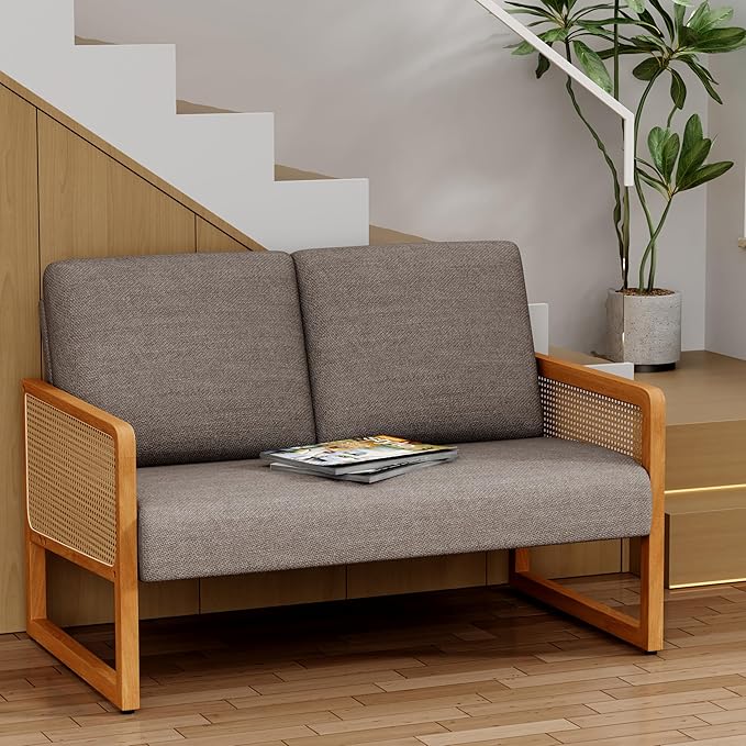 Modern Loveseat Bench Couch with Natural Rattan Arm Upholstered Linen Small Love Seat Sofa 2-Seats Living Room Couch Settee Comfy Lounge Recliner Chair-Taupe