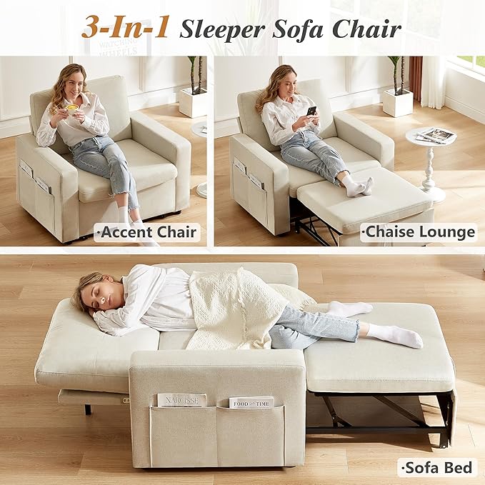 WEUP 42.5 Sleeper Chair Bed 3-in-1 Oversized Convertible Sleeper Sofa Chair with Pull Out Bed Reclining Adjustable Backrest/Side Pockets Tool-Free Assembly Basic Beige