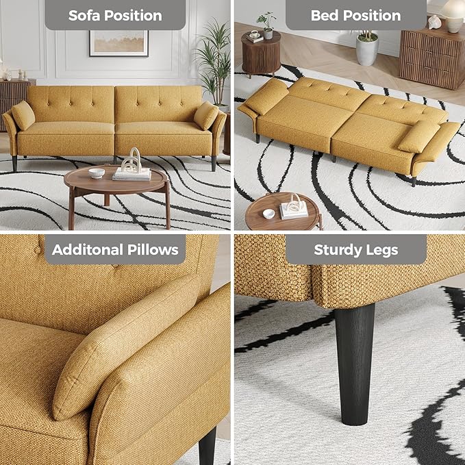 89” Futon Sofa BedComfy Futon Couch Bed with 2 Square PillowsConvertible Sleeper Sofa with Adjustable Backrest&amp Armrests Modern Loveseat Sleeper for Living Room Bedroom Linen Yellow