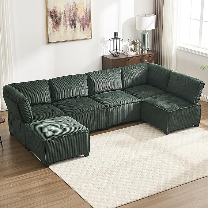 121 Inch Cloud Oversized Modular Sectional Sofa U Shaped Modular Couch with Reversible Chaise Comfy 6 Seat Convertible Sectional Sofa with Ottoman for Living Room-Emerald Green